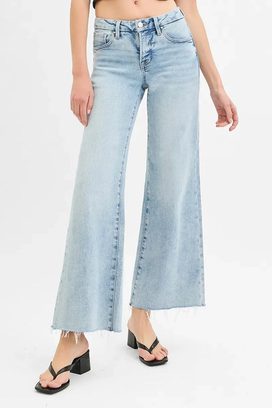 Tummy Control Low Rise Wide Leg Raw Cut Hem Jeans - Eva's Edition