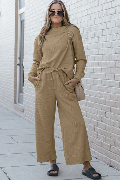 Textured Long Sleeve Top and Drawstring Pants Set - Eva's Edition