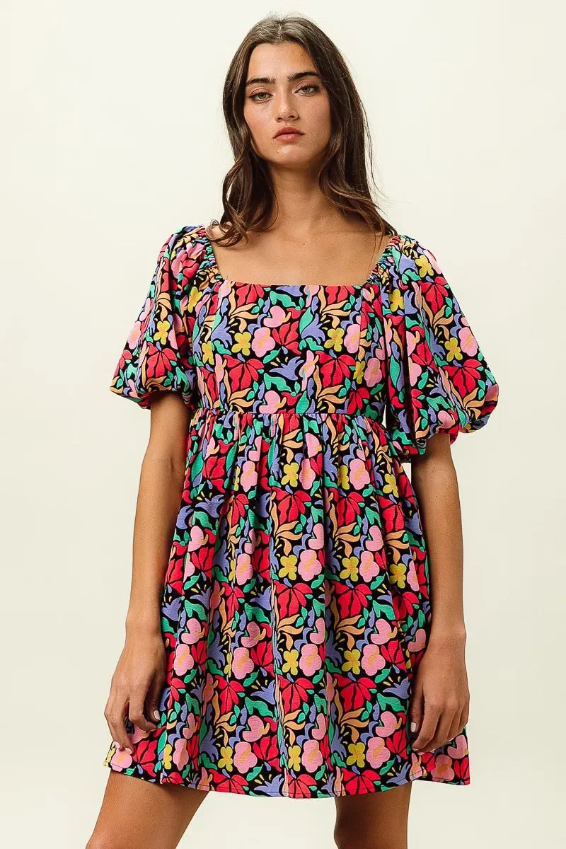 Floral Print Puff Square Neck Dress - Eva's Edition