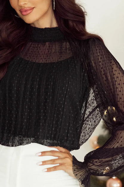 cami and Lace Sheer Mock Neck Long Sleeve Blouse - Eva's Edition