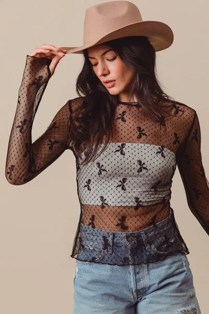 Bow Ribbon Pattern Sheer Lace Top - Eva's Edition