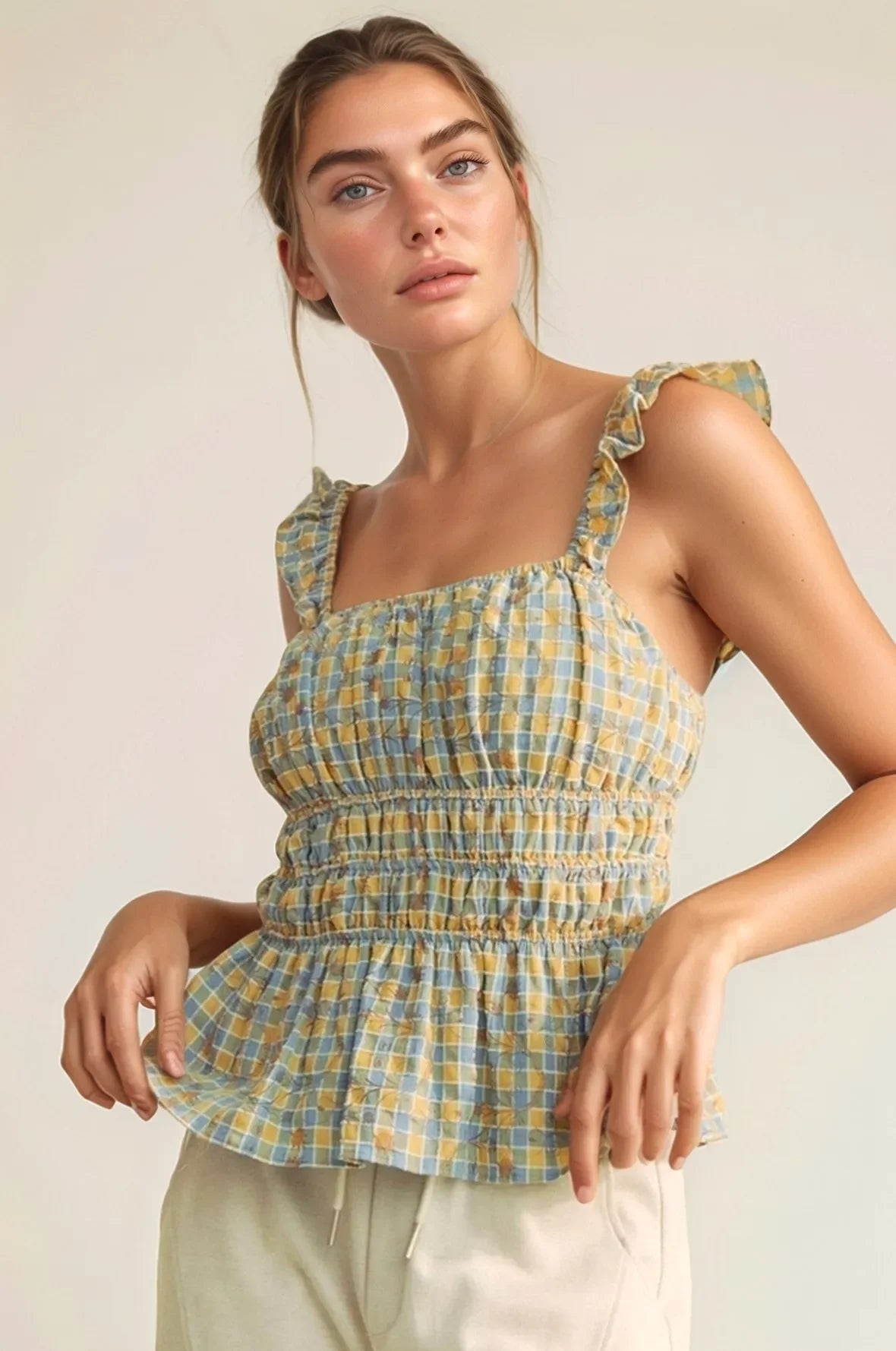 Plaid Ruffled Strap Smocked Sleeveless Top - Eva's Edition