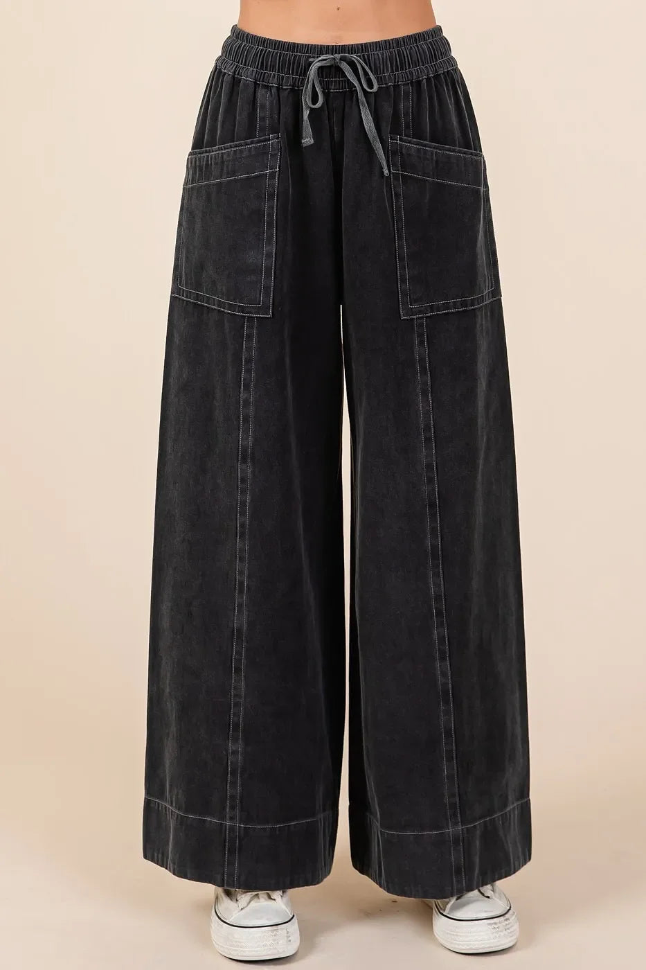 Wide Leg Elastic Waist Twill Pants - Eva's Edition