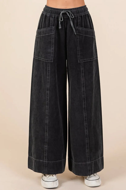 Wide Leg Elastic Waist Twill Pants - Eva's Edition