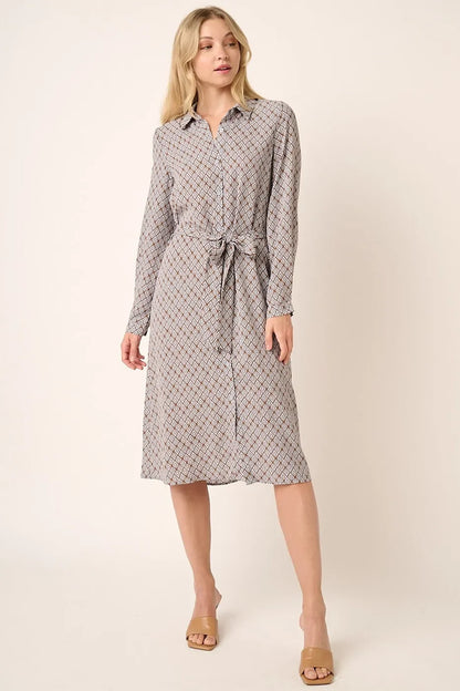 Abstract Print Waist Tie Midi Shirt Dress - Eva's Edition