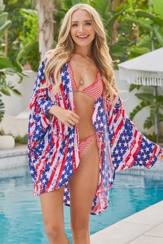 American Flag Print Dolman Sleeve Kimono Cardigan - Eva's Edition