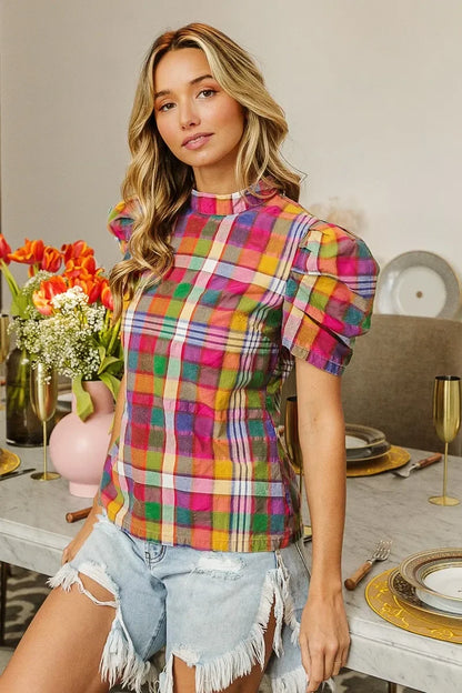 Short Puff Sleeve Washed Vintage Plaid Top - Eva's Edition