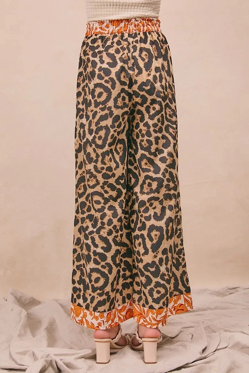 Leopard Print With Contrast Banded Wide Pants - Eva's Edition