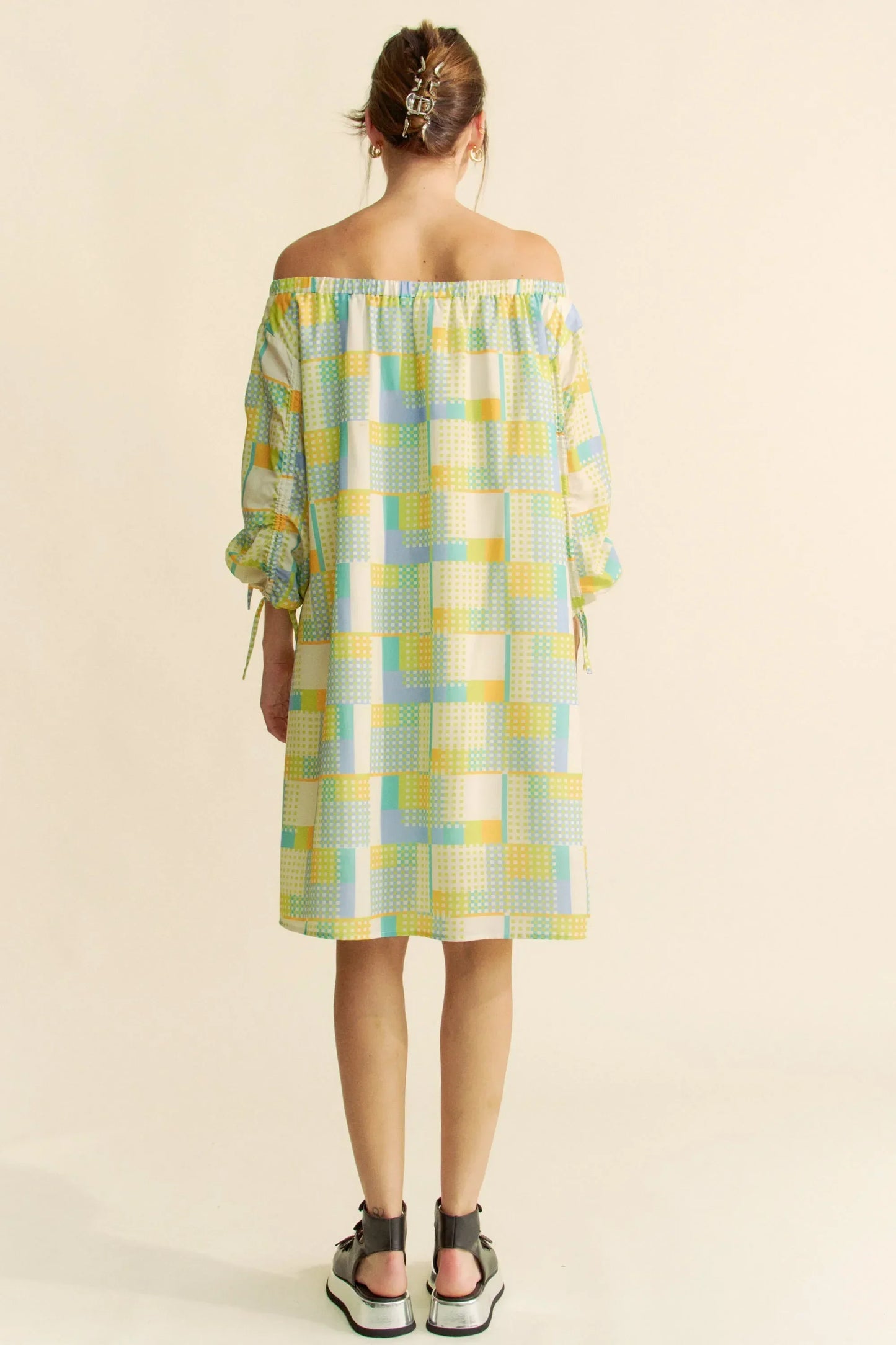 Printed Off Shoulder Drawstring Sleeve Mini Dress - Eva's Edition
