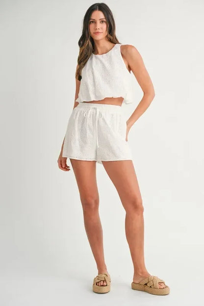 Eyelet Bubble Hem Sleeveless Top and Shorts Set - Eva's Edition