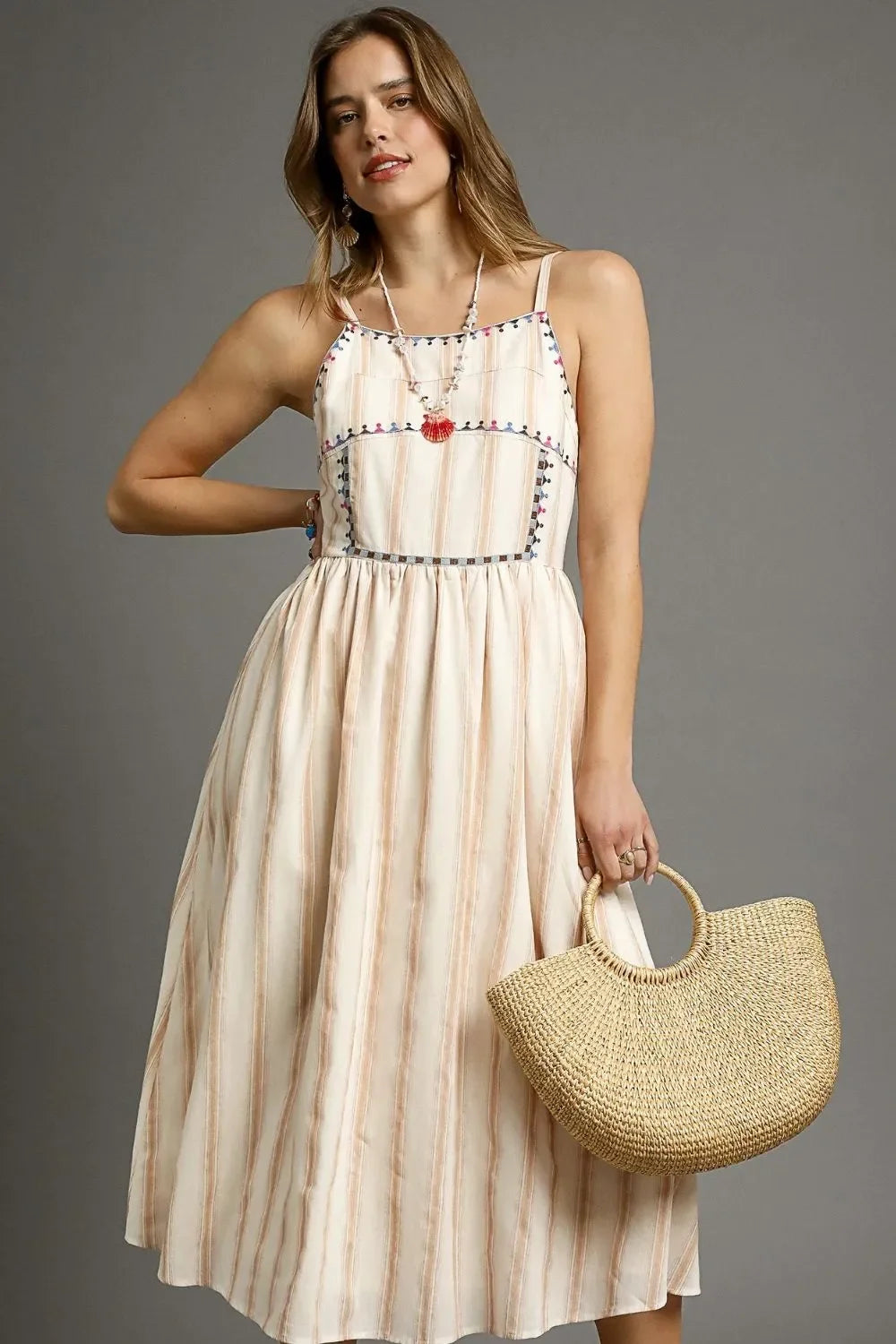 Striped Colorful Embroidered Trim Cami Dress - Eva's Edition