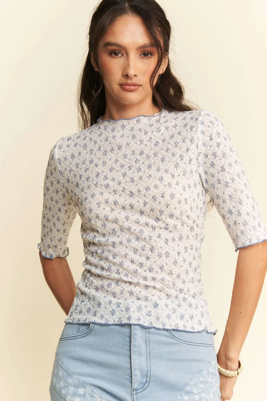 Laced Stretch Floral Marrow Edge Half Sleeve Top - Eva's Edition