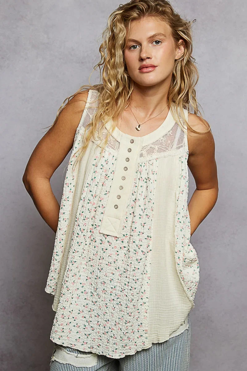 Floral Print Button-Front Lace Patchwork Tank Top - Eva's Edition