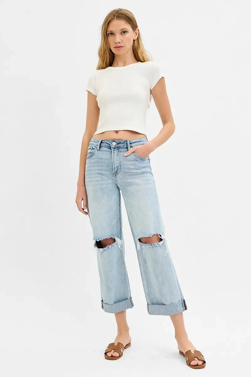 Mid Rise Fit Boyfriend Jeans with Cuff Plus Size - Eva's Edition