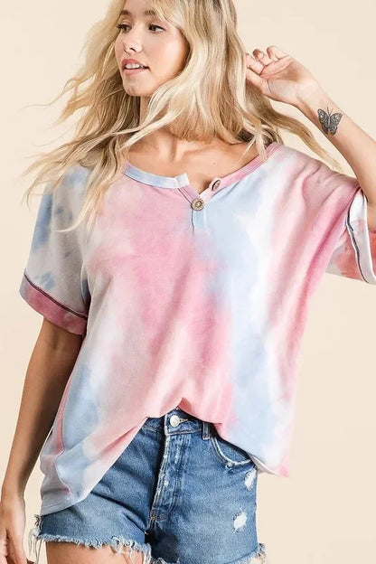 Dye French Terry Top With Buttoned Placket - Eva's Edition
