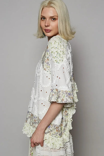 Floral Print Eyelet Ruffled Hem Blouse - Eva's Edition