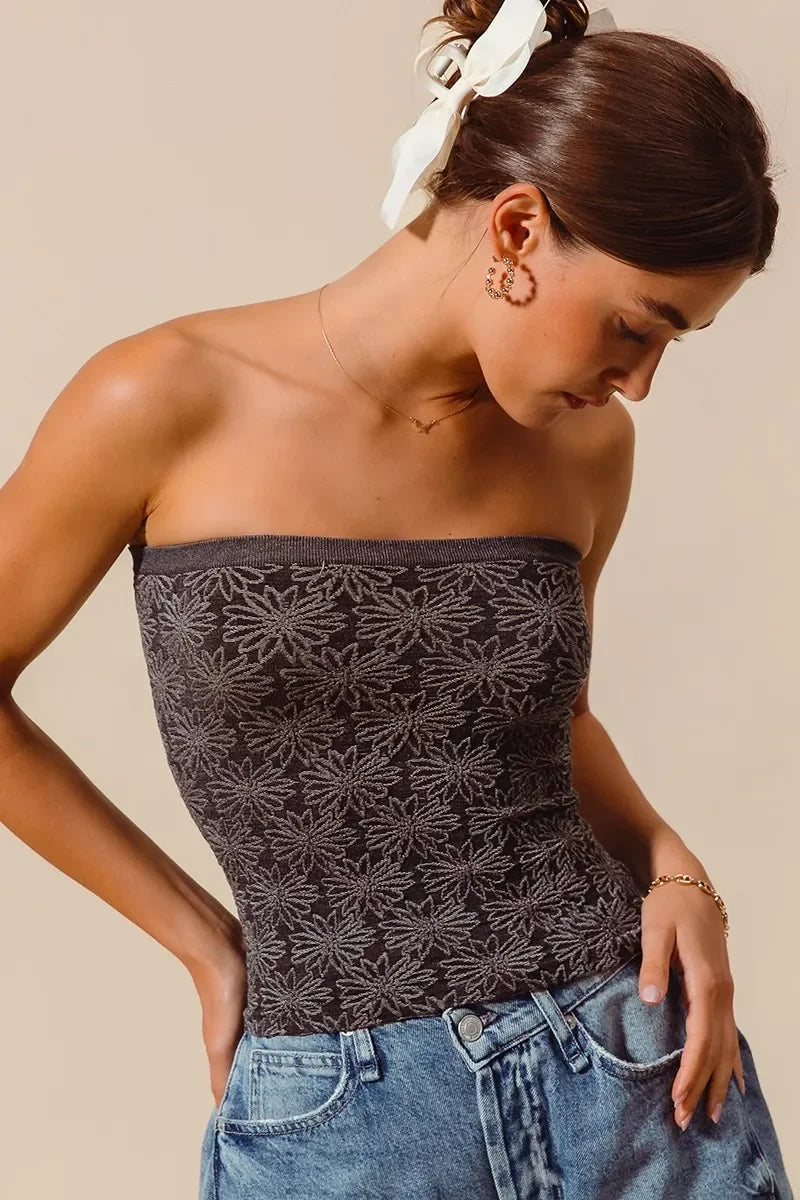 Jacquard Floral Two Tone Seamless Tube Top - Eva's Edition