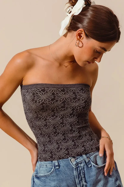 Jacquard Floral Two Tone Seamless Tube Top - Eva's Edition