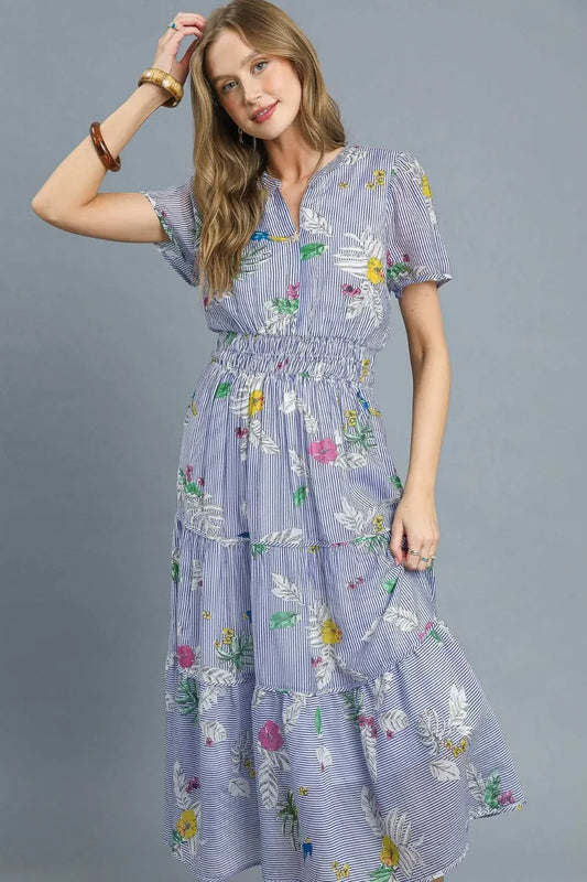 Smocked Waist Floral Short Sleeve Midi Dress - Eva's Edition