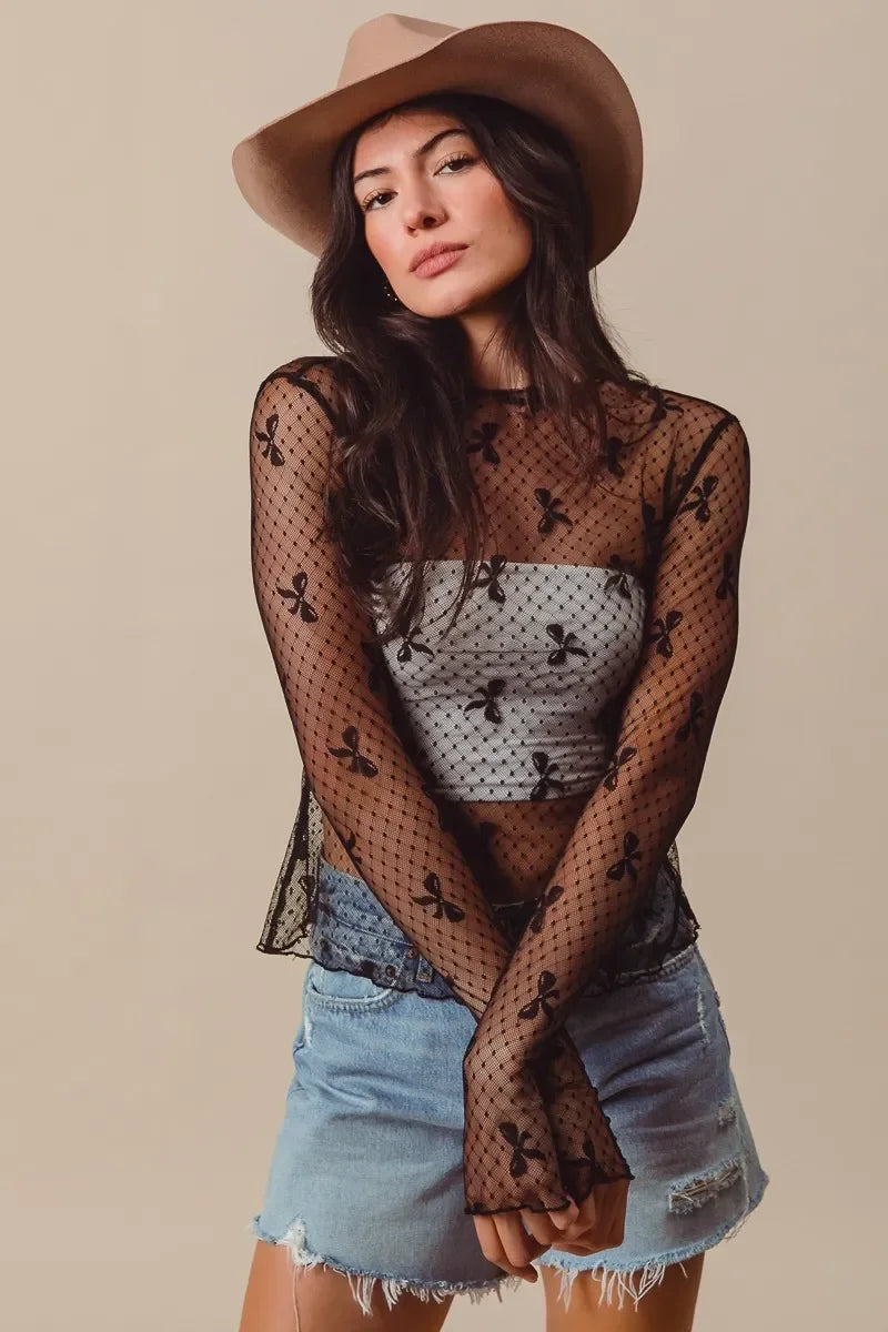 Bow Ribbon Pattern Sheer Lace Top - Eva's Edition