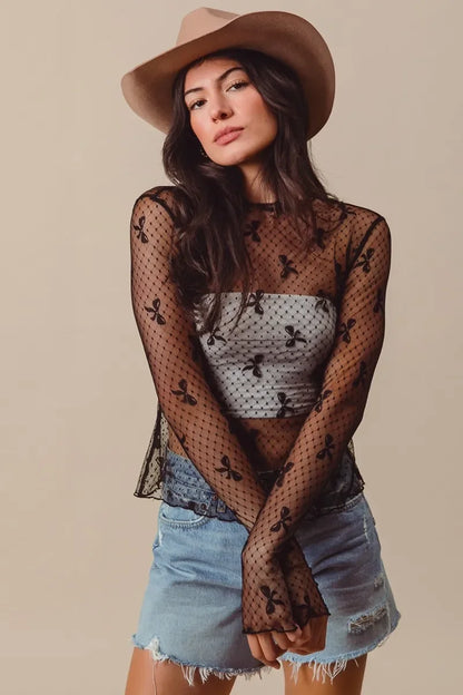 Bow Ribbon Pattern Sheer Lace Top - Eva's Edition