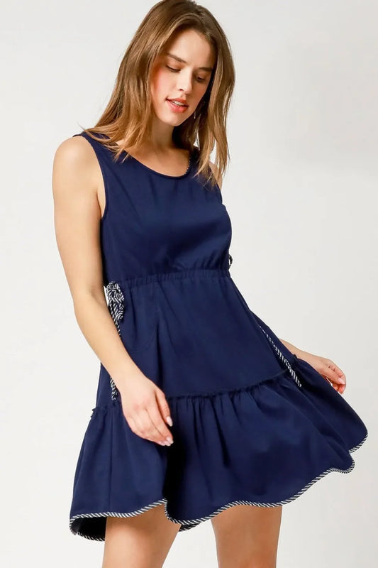 Frill Drawstring Waist Round Neck Mini Tank Dress - Eva's Edition