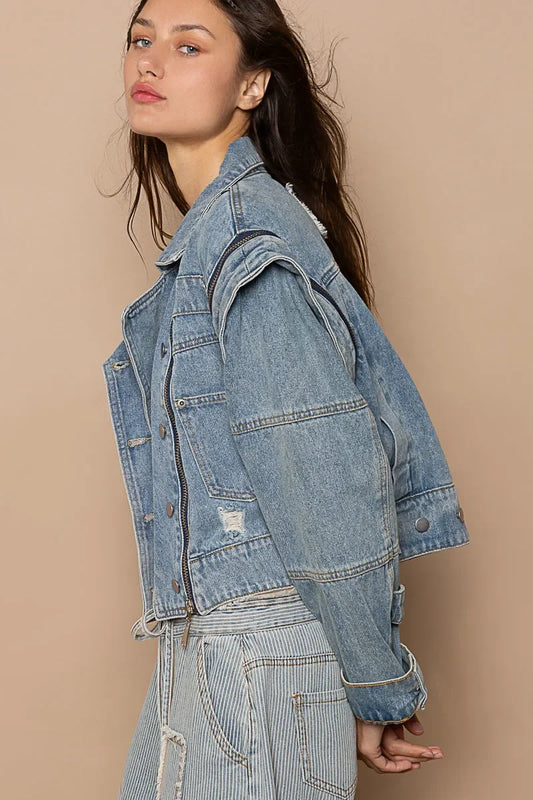 Cropped Denim Jacket with Functional Zipper Detail - Eva's Edition