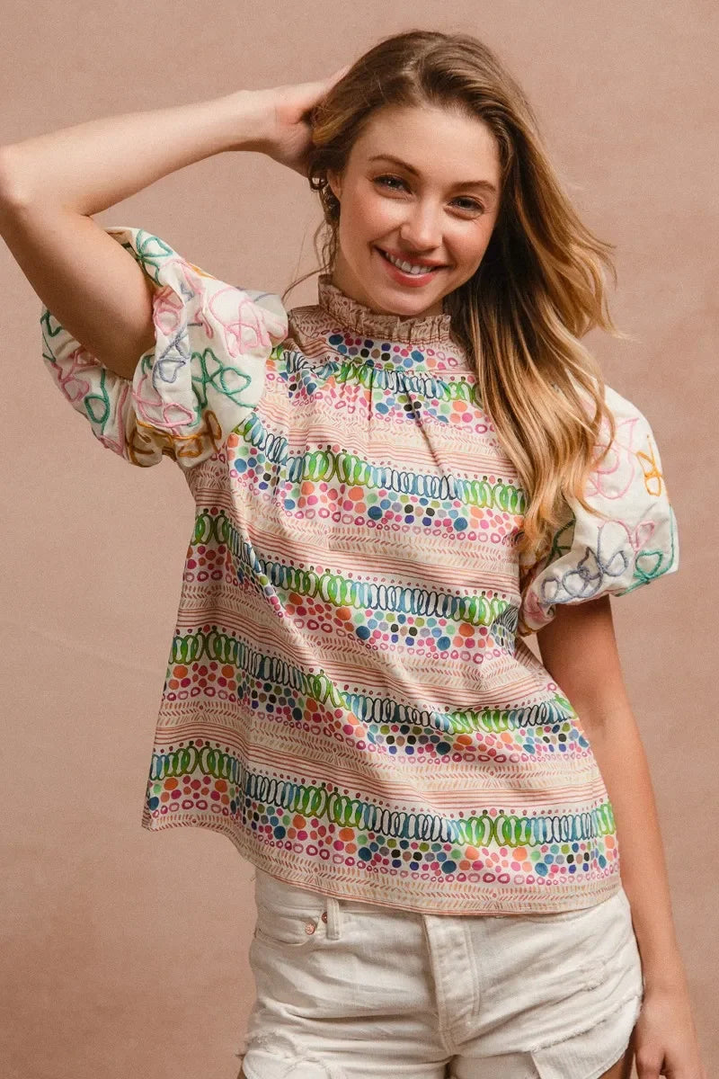 Ruffle Neckline Blouse with Embroidery Bubble Sleeve - Eva's Edition