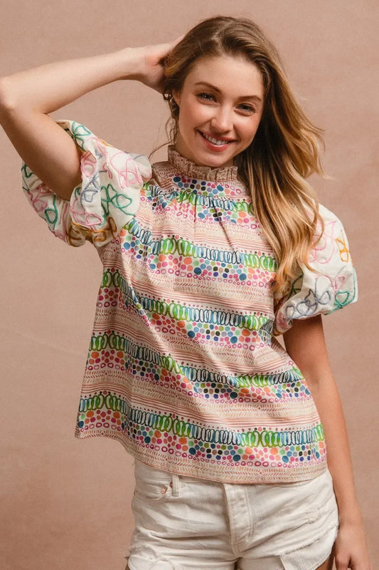 Ruffle Neckline Blouse with Embroidery Bubble Sleeve - Eva's Edition