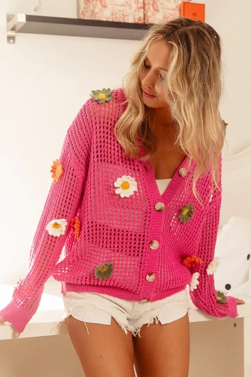 Floral Patched Open Knit Sweater Cardigan - Eva's Edition