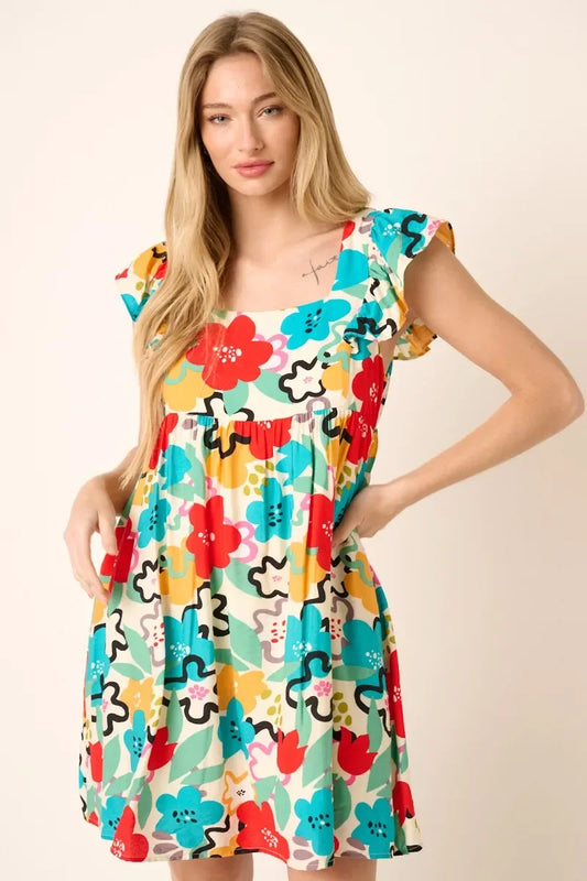 Multi Color Flower Print Babydoll Dress - Eva's Edition
