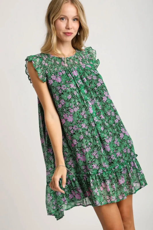 Smocked Detail Floral Metallic Ruffle Cap Sleeve Dress Plus Size - Eva's Edition