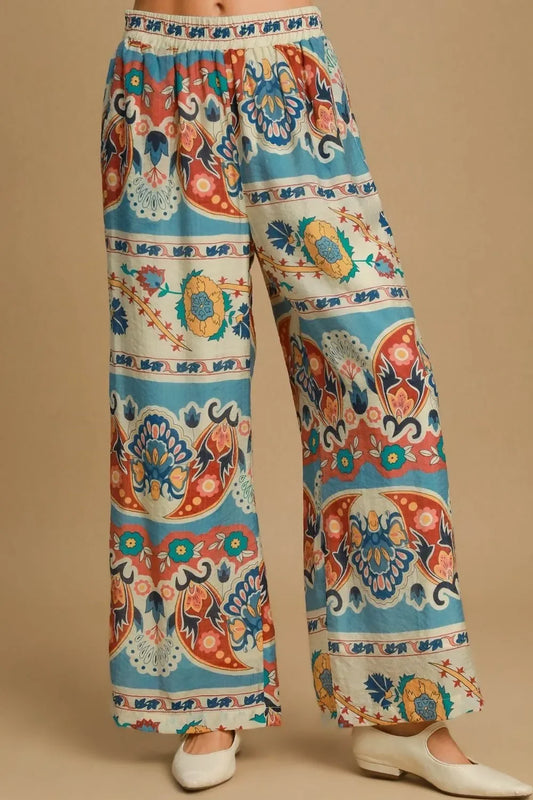Wide Leg Border Print Pants Plus Size - Eva's Edition