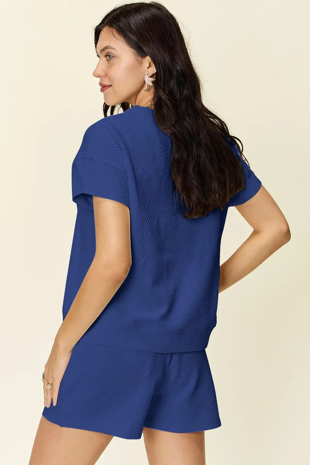 Textured Short Sleeve T-Shirt and Drawstring Shorts Set - Eva's Edition