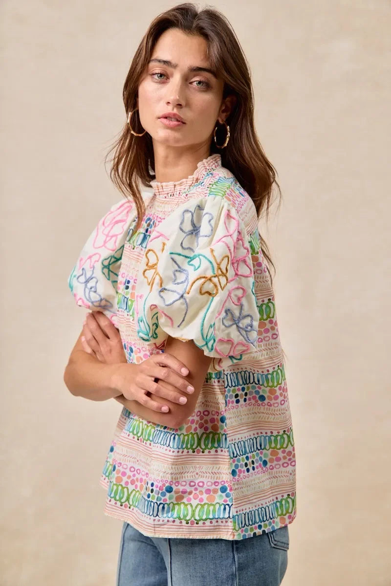 Ruffle Neckline Blouse with Embroidery Bubble Sleeve - Eva's Edition