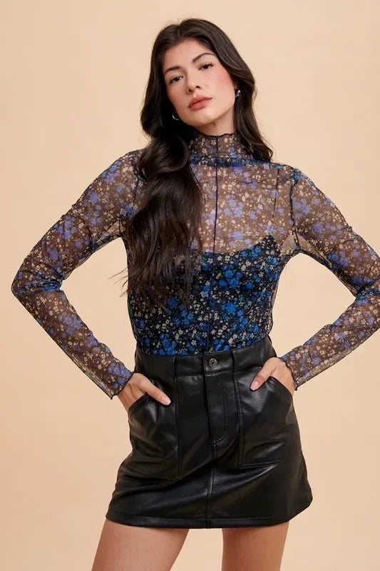 Annie Wear Floral Lettuce Hem Sheer Mesh Top - Eva's Edition