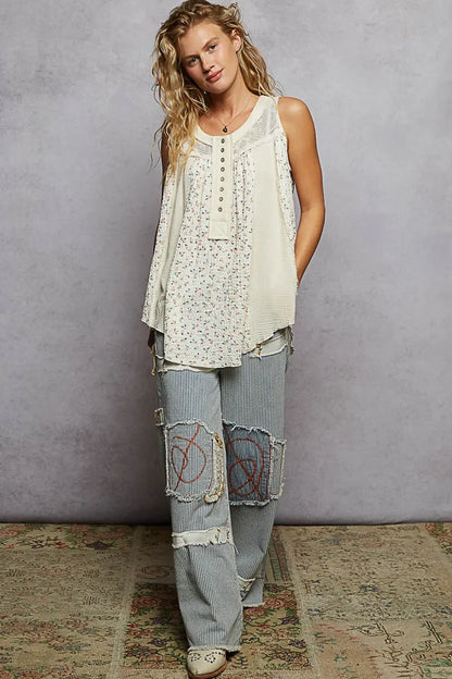 Floral Print Button-Front Lace Patchwork Tank Top - Eva's Edition