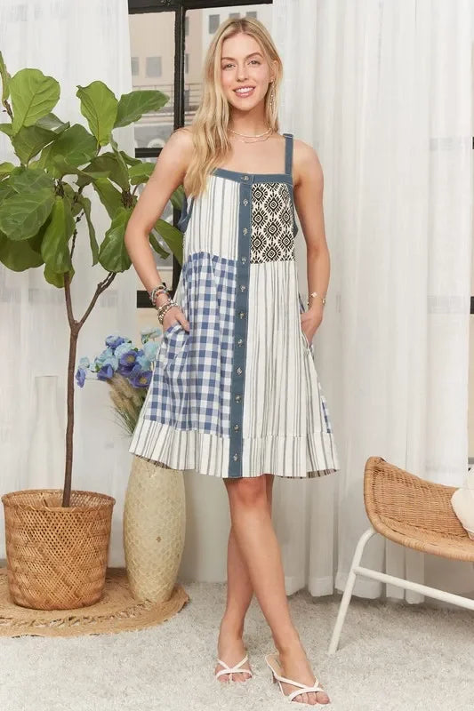Patchwork Button Front Mini Dress - Eva's Edition