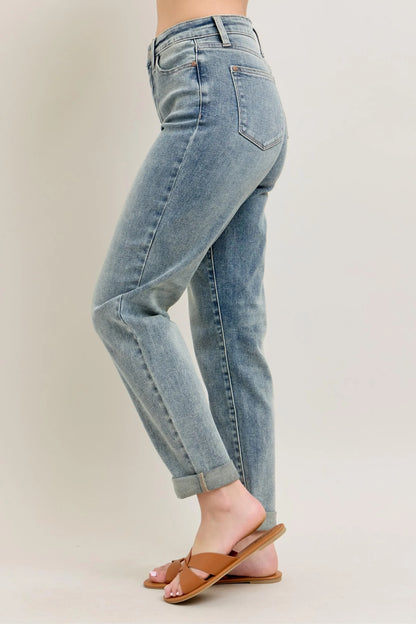 Vintage Wash Double Roll Cuff Bf Jeans Plus Size - Eva's Edition