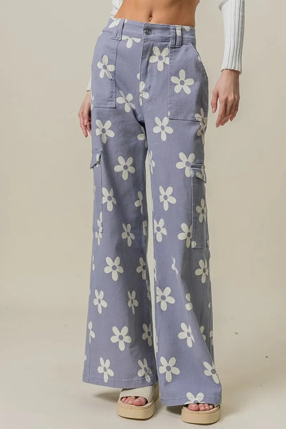 Flower Printed Side Pocket Wide Pants - Eva's Edition