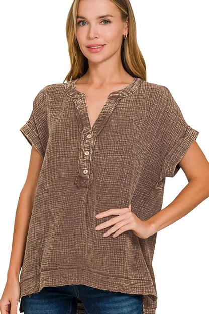 Washed Double Gauze 3/4 Button Henley Neck Shirt - Eva's Edition