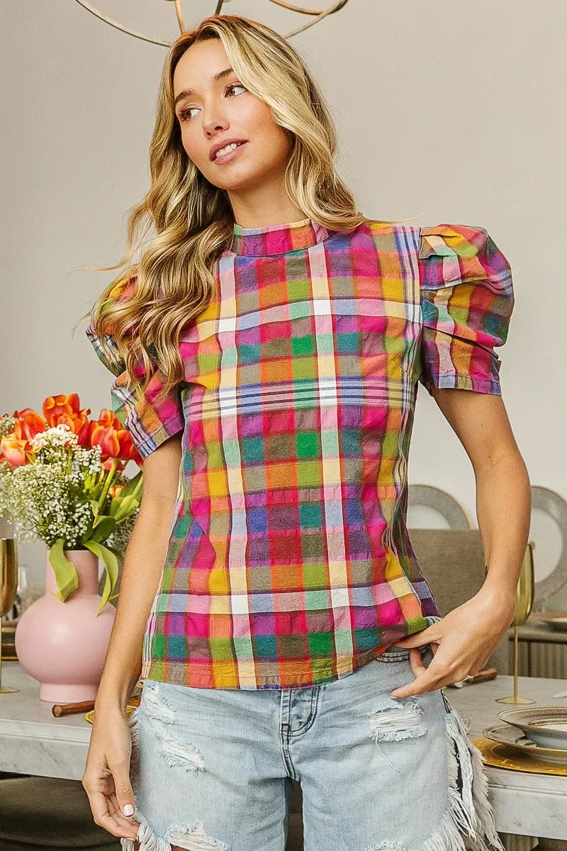 Short Puff Sleeve Washed Vintage Plaid Top - Eva's Edition