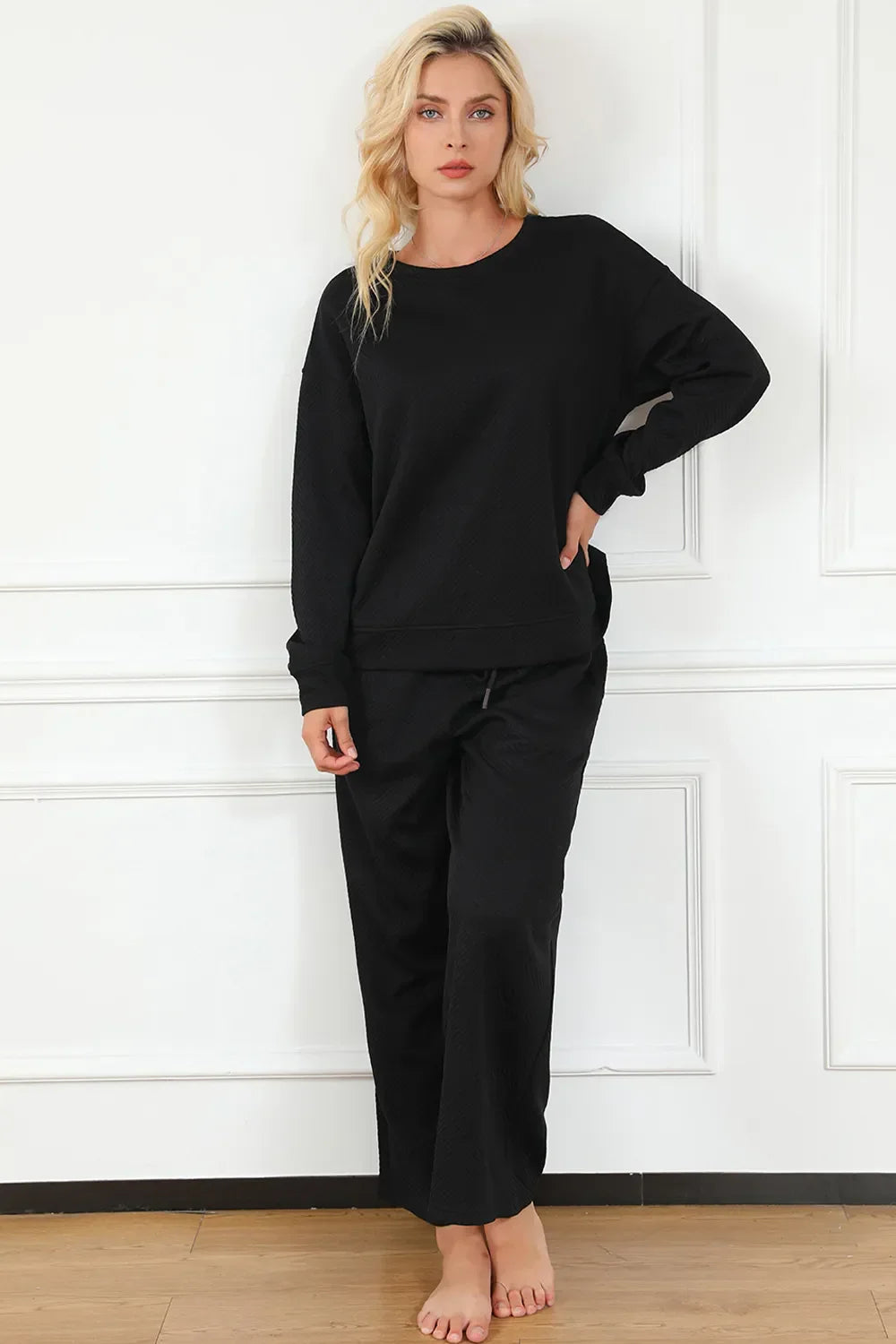 Textured Long Sleeve Top and Drawstring Pants Set - Eva's Edition