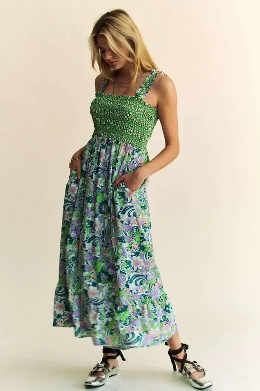 Multi Smocked Bodice Geo Ruffle Strappy Midi Dress - Eva's Edition