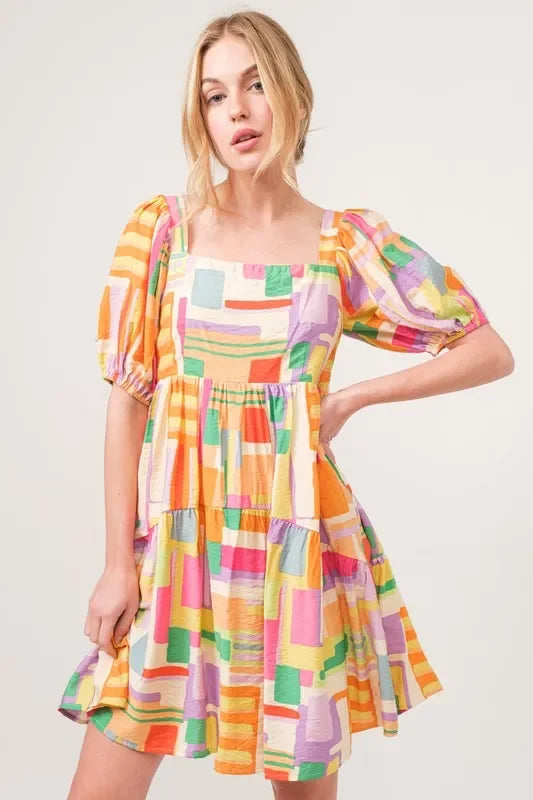 Square Neck Puff Sleeve Geo Printed Mini Dress - Eva's Edition