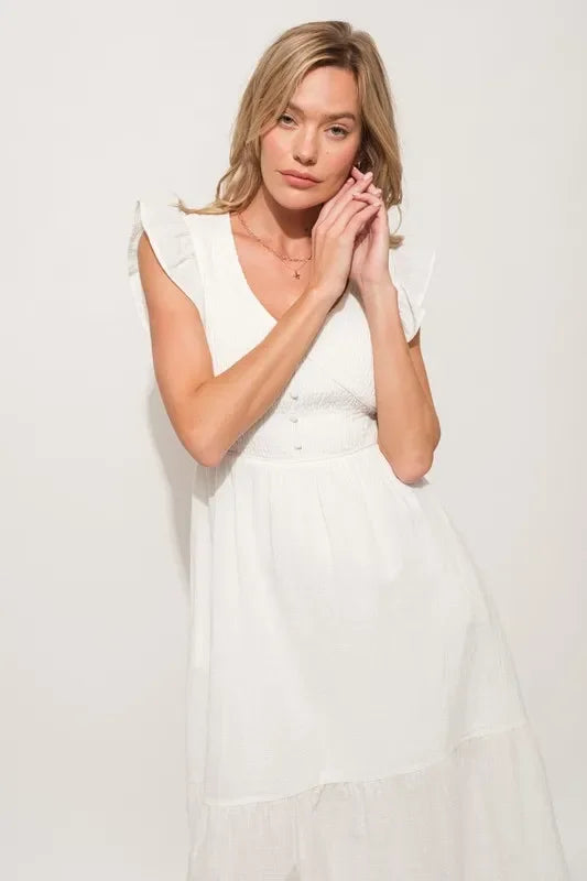 Ruffle Sleeve Front Smocked Tiered Midi Dress - Eva's Edition