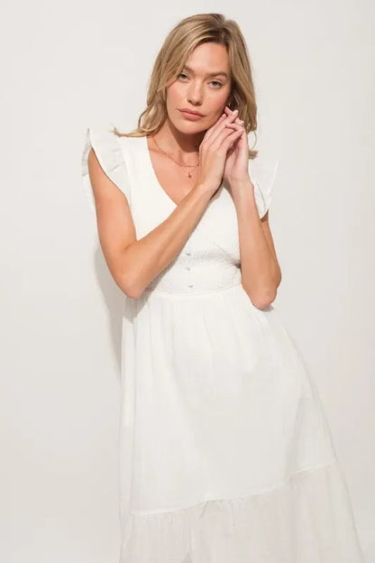 Ruffle Sleeve Front Smocked Tiered Midi Dress - Eva's Edition
