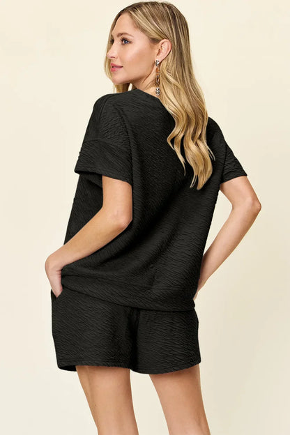 Textured Short Sleeve T-Shirt and Drawstring Shorts Set - Eva's Edition