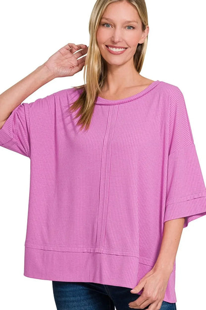 Ribbed Boat Neck 3/4 Sleeve Top - Eva's Edition