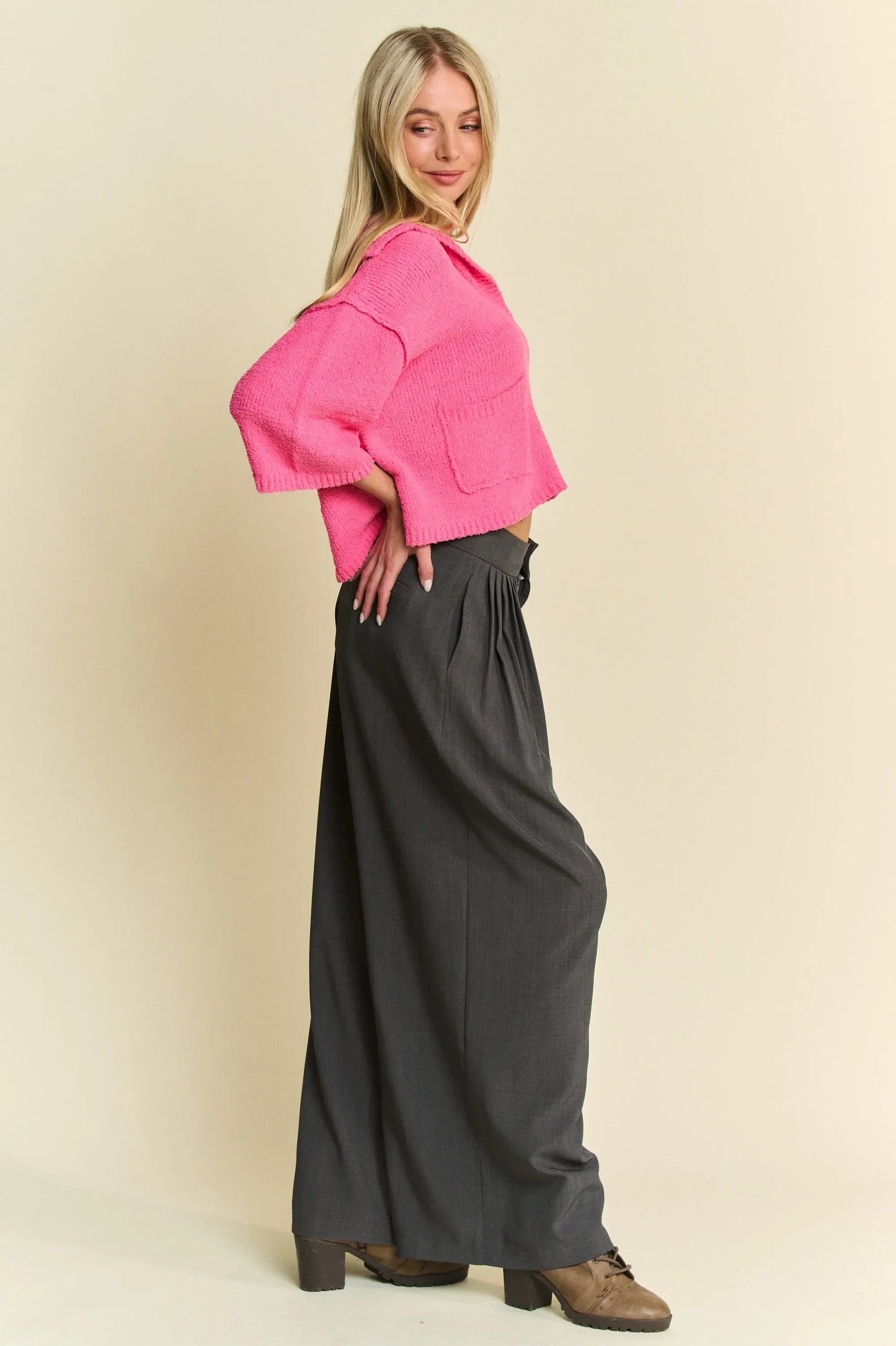 Solid Back Pocket Shirring Detail Wide Leg Pants - Eva's Edition